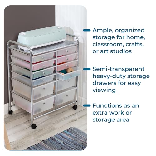 Honey-Can-Do Rolling Craft Storage Cart, Clear, 12-Drawer | Mobile Organizer and Craft Storage Tower on Wheels for Office, Classroom, and Art Supplies