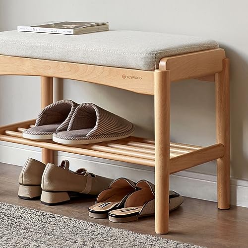 Oak Wood Shoe Bench, 24 Inch Entryway Bench with Light Gray Cushion - color: Natural + Light Gray Cushion, size: 23.62"