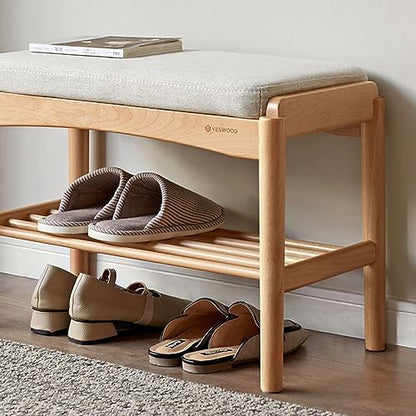 Oak Wood Shoe Bench, 24 Inch Entryway Bench with Light Gray Cushion - color: Natural + Light Gray Cushion, size: 23.62"