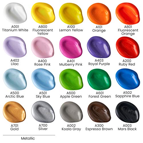 ARTEZA Craft Acrylic Paint, 2 ounce Bottles, Water-Based, Matte Finish Paints, Art Supplies for Glass, Wood, Ceramics, Fabrics, Leather, Paper - style: Basic Colors