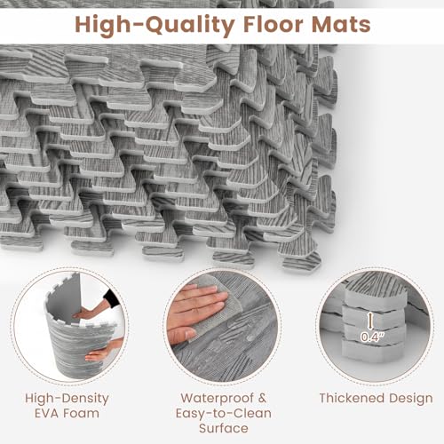 Tangkula 25 Tiles Foam Flooring Mats with Border, 100 SQ FT EVA Interlocking Exercise Foam Mats for Exercise Equipment, Elastic Puzzle Play Mats, 3/8” Non-Slip Workout Floor Mats for Home Gym (Gray) - size: 100 sq.ft, Gray