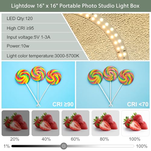 Lightdow 16"x16"x12" Photo Studio Light Box Photography with 120 LEDs (CRI>95), 6 Backdrops - Portable/Dimmable/Versatile Folding Shooting Tents for Toys/Jewelry/Watches/Cosmetics Photography - size: 16"x16"x12"
