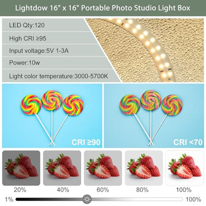 Lightdow 16"x16"x12" Photo Studio Light Box Photography with 120 LEDs (CRI>95), 6 Backdrops - Portable/Dimmable/Versatile Folding Shooting Tents for Toys/Jewelry/Watches/Cosmetics Photography - size: 16"x16"x12"