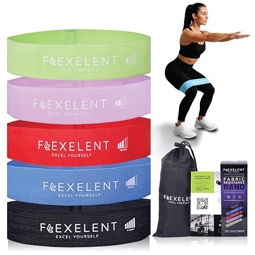 Flexelent Short Fabric Resistance Bands for Working Out, 5 Strength Levels | Soft, Thick, Skin-Friendly Fabric | Color-Coded Strength Levels | With Drawstring Storage Bag - color: Short - Multi Color