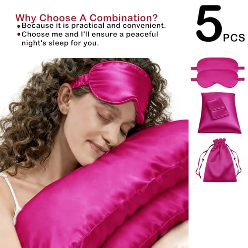 5Pcs Silky Sleep Mask Eye Masks Breathable Soft Satin Pillowcases Set for Sleeping Similar to Silk Pillowcase Travel Gift - color: Hot Pink-queen Size