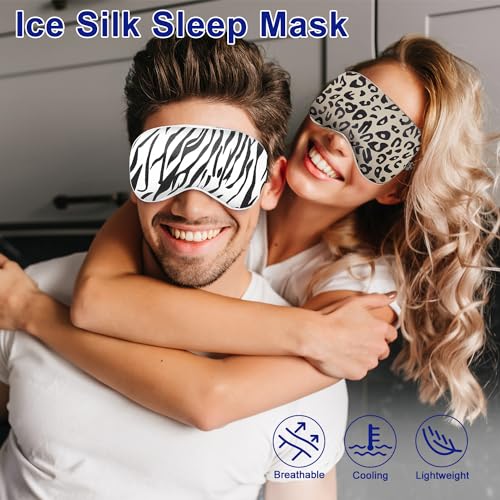 Sleep mask w/Cooling Gel Eye Mask, 2Packs Heated Eye Mask for Sleeping, Reusable Ice Silk Blackout Eye Cover Sleeping Mask for Travel, Home, Office, Yoga, Stocking Stuffers (Zebra+Leopard) - color: White & Brown