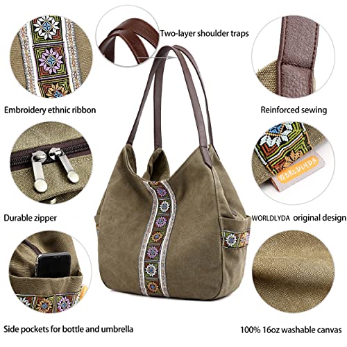Worldlyda Women Canvas Hobo Purse Multi Pocket Tote Shopper Shoulder Bag Casual Top Handle handbag with Embroidery Ethnic - color: Army Green