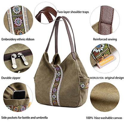 Worldlyda Women Canvas Hobo Purse Multi Pocket Tote Shopper Shoulder Bag Casual Top Handle handbag with Embroidery Ethnic - color: Army Green