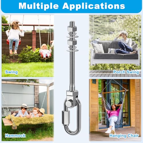 Dolibest Heavy Duty Swing Hanger, 304 Stainless Steel Swing Bolts w/Quick-Connect Carabiner, Swing Hook w/Dual-Screw Locking for Hammock, Yoga Swing, Porch Swing for Wood/Metal Beam-(M10X5'')-1500LB - color: M10X5''-6PCS