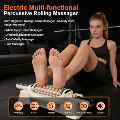 Electric Rolling Percussive Massager with Redlight | Handheld Massager for Lymphatic Drainage & Lymphedema, Muscle Recovery Roller, 6-Speed Foot Roller Massage Tool Relax Gift - color: Cream
