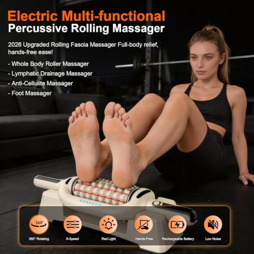 Electric Rolling Percussive Massager with Redlight | Handheld Massager for Lymphatic Drainage & Lymphedema, Muscle Recovery Roller, 6-Speed Foot Roller Massage Tool Relax Gift - color: Cream