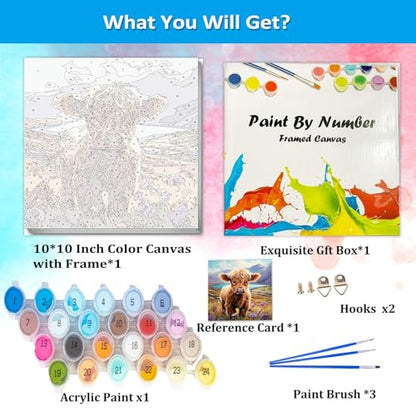 Artunion Framed Paint by Numbers Kit for Adults Beginners & Kids Ages 8-12,Highland Cow Paint by Number with Frame,Cow Animal Paint by Numbers Kit on Canvas 10 * 10 Inch Without Easel - color: ZXT-324-F
