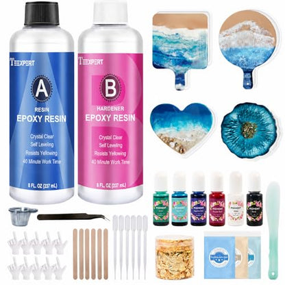 Teexpert Epoxy Resin Kit for Beginners, Resin Kit with Coaster Molds, Silicone Molds Kit, Pigments, Crystal Clear Art Resin, Casting & Coating for DIY Coasters 16 FL.OZ