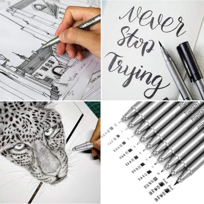 YUANCHENG Precision Micro-Line Pens, Set of 9 Black Micron Fineliner Ink Pens, Waterproof Archival Ink, Multiliner, Sketching, Anime, Artist Illustration, Technical Drawing，Art Watercolor