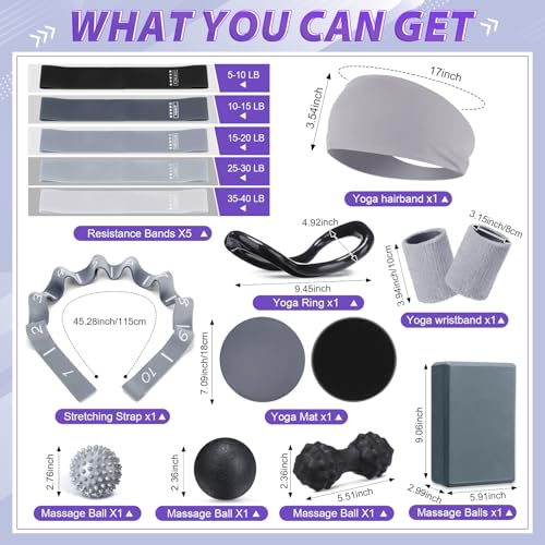 Halloscume 24 Pcs Pilates Kit, Home Pilate Equipment for Women, Pilates Ring and Ball Set with Stretching Strap, Water Bottle, Magic Circle, Yoga Ring, Gym Bag, Resistance Band, Anti Slip Sock - color: Gray