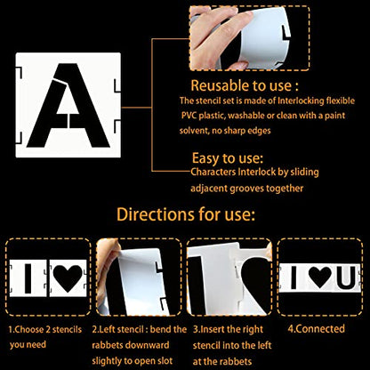 YEAJON 46 Pcs 2 Inch Letter Stencils Symbol Numbers Craft Stencils, Reusable Alphabet Templates Interlocking Stencil Kit for Painting on Wood, Wall, Fabric, Rock, Sign - size: 2 INCH