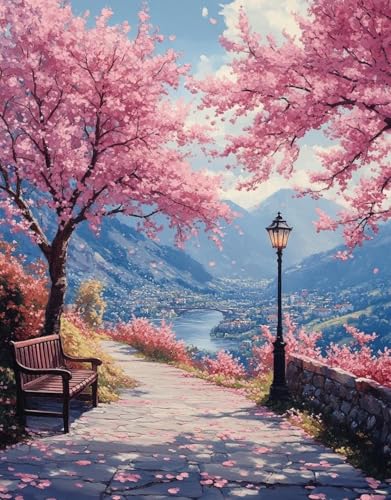 WUSARPLY Landscape Diamond Painting Kits for Beginner Adults | Pink Cherry Blossoms Diamond Art Kits Full Drill Diamond Dots Paint with Diamonds Gem Arts and Crafts Home Wall Decor - color: YH023