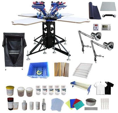 TECHTONGDA 4 Color 4 Station Screen Printing Press Kit with Flash Dryer UV Exposure Unit Drying Cabinet Washout Tank Squeegee Mesh Frame Accessories