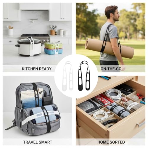 2 Pcs Reusable Silicone Strap, 21.65 x 1.57 in Universal Elastic Tie with Adjustable Buckle for Slow Cooker Lid, Bento Box, Yoga Mat Carrier, Travel Home Organizer, Black White