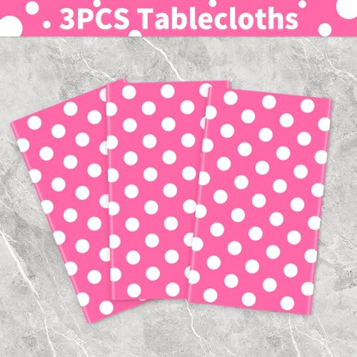 3 Pack Pink and White Polka Dots Round Tablecloth Pink Round Table Cover with White Polka Dot Plastic Table Cloth 84 in for Kitchen Dining Wedding Party