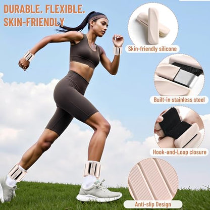 Ankle Wrist Weights for Women 2lbs/4lbs Pairs Adjustable Silicone Weights - color: Beige, size: 4 lbs Pair (2 lb Each)