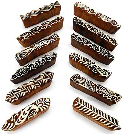 CraftsofIndia® Exotic Elegant Border Pattern Print 100% Handcarved Wooden Block Stamps (Set of 12 | - size: 12 Pcs