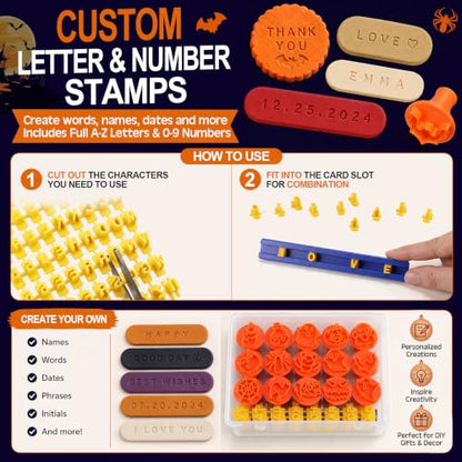 30 Pcs Halloween Pattern Clay Modeling Stamp Set with 72-Character Letter Stamps and Storage Box, Halloween Pattern Stamps for Polymer/Ceramic Clay, Pottery Craft, Cookie and Jewelry Making - style: Halloween