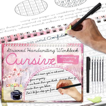 chiazllta Grooved Cursive Handwriting Workbook with Disappearing Ink Pens Magic Reusable Grooved Cursive Writing Practice for Beginners Kids Kickoff Workbook Homeschooling Supplies (Inspiring Quotes) - style: Inspiring Quotes