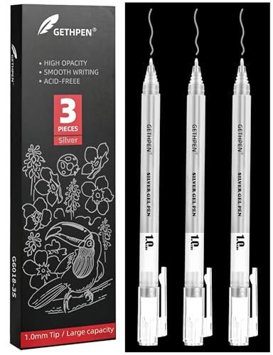 GETHPEN Silver Gel Pens, 1.0mm Extra Fine Opaque Archival Ink Pens, 3 Pack | Metallic Silver Gel Pens for Black Paper Drawing, Art Coloring, Sketching, Adult Coloring, Cards, Journaling, Illustration - size: 1.0 mm, style: 3 Pack Silver