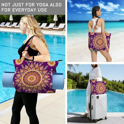 Mandala Yoga Mat Bag Large Yoga Bags and Carrier Fits All Your Stuff Yoga Tote Bags with Zipper Pocket Pilates Bag - color: Purple-01