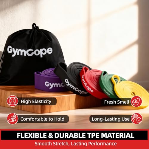 GymCope Pull Up Resistance Bands - Assistance Bands Sets of 3/4/5 for Men & Women, Heavy Duty Workout Exercise Bands for Body Stretching, Muscle Training, Instruction and Carry Bag Included - color: 5-Pack (15~120lbs)