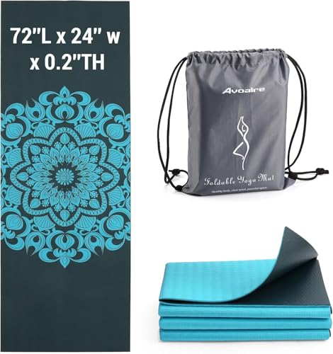 Avoalre Folding Yoga Mat, Eco-Friendly PVC Travel Yoga Mat Packable, Double Sided Non-Slip Printed Yoga Mats with Bag for Home Workout Gym Exercise Fitness Pilates Stretching (72" x 24" x 1/5" Thick) - color: Dark Green