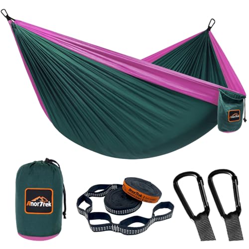 AnorTrek Camping Hammock, Super Lightweight Portable Parachute Hammock with Two Tree Straps Single or Double Nylon Travel Tree Hammocks for Camping Backpacking Hiking - color: Dark Green&fuchsia, size: Single 110''L x 55''W