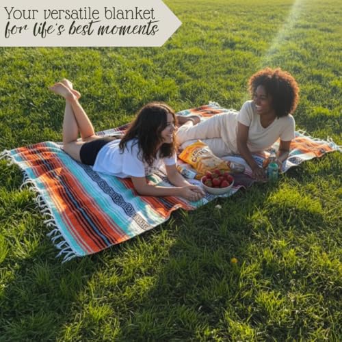 Authentic Handwoven Mexican Blanket, Falsa Serape - Soft & Durable - Vibrant Beach, Picnic, Yoga & Camping Mat - Traditional Boho Throw - Outdoor Blanket 70"x50" (Sunset) - color: Sunset