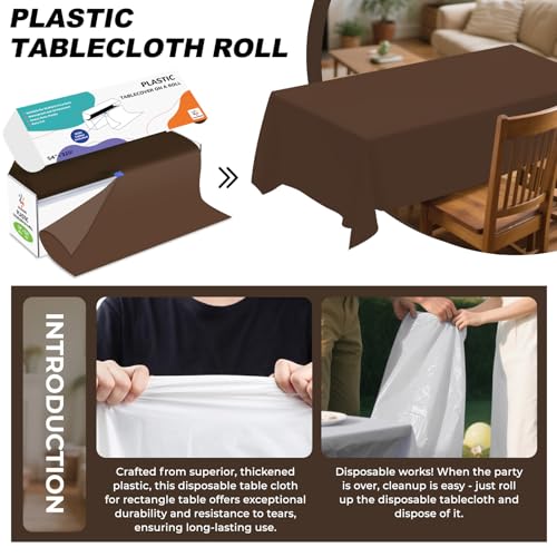 54IN X 320FT Plastic Table Cover Roll with Cutter Box, Cut to Size Plastic Table Cloths for Parties, Birthday, (Brown, 54"x3840"(Rectangular)) - color: Brown, size: 3840" x 54" (Rectangular)