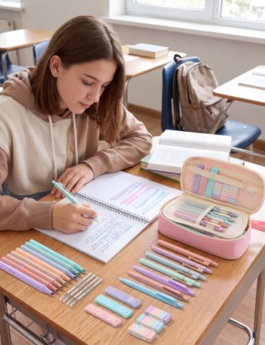 SUNEE Pencil Case with Supplies, 35PCS Aesthetic Stationery Set with Pastel Highlighters, Black Gel Pens, Mechanical Pencils & Refills, Cute School Supplies for Teachers Girls College Pink - color: Pink, style: 35 Pack