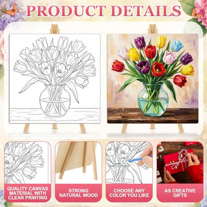 Supervitae 72 Piece Rustic Flowers Square Pre Drawn Canvas Kit 8" Paint and Sip Kit for Adults Painting Party Pre Printed Canvas DIY with Pictures Paints Easels Brushes for Party Gifts - size: 8", style: Rustic Flowers