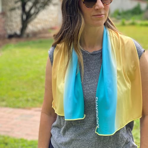 SHAKEitCOOL Extended Size Cooling Towel – Be Cool in Style - Heat Relief, Soft, Lightweight, Sun Protection, Easy Clean - Perfect for Biking, Hiking, Running, Yoga, Golf - Orange Blue Ombre M - color: Orange Blue Ombre