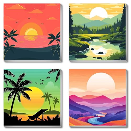 Canrichshop 4 Framed Landscape DIY Paint by Numbers Kit for Adults Beginner,Sunset Easy Painting by Number with Canvas,Acrylic Paint Kit Arts and Crafts for Adults for Decor 8x8inch - color: BKH422+BKH423+BKH424+BKH425
