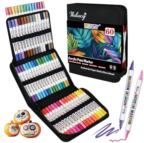 60 Colors Dual Tip Acrylic Paint Markers Set - Brush & Fine | For Rocks, Wood, Canvas, Paper, Fabric, Glass, Contain 16 Metallic Paint Pens, Perfect for DIY Crafts and School Supplies