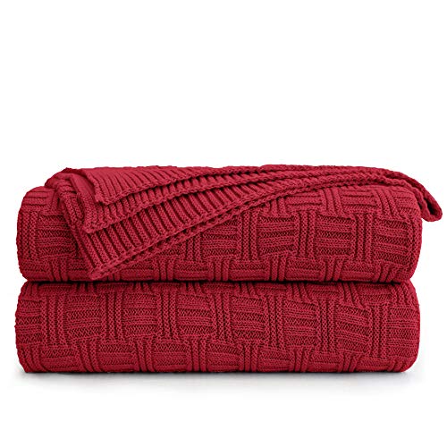 Large 100% Cotton Red Cable Knit Throw Blanket for Couch Sofa Bed with Bonus Laundering Bag - 60"x 80", Oversize, 3.4 LB, Machine Washable, Comfortable Home Decor - color: Wine Red, Stripe Pattern, size: 60"x80"
