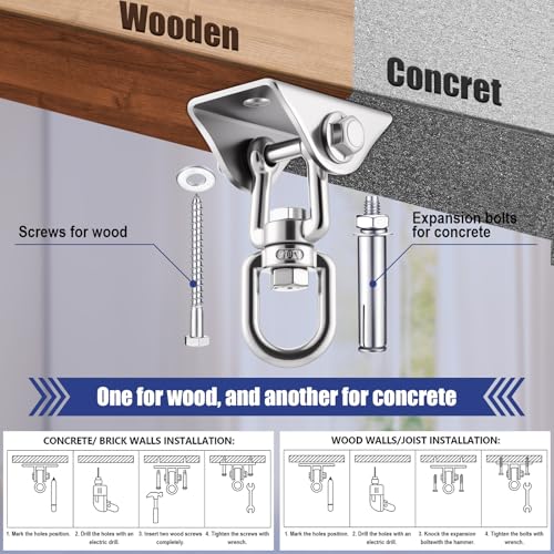 Tandefio 6 Sets of Robust Swing Hangers for Wooden Concrete Set with Hook Screw Bolt Washer 360 Swivel Stainless Steel Swingset Accessory for Porch Patio Yoga Indoor Outdoor, 2000 LB Capacity, Silver