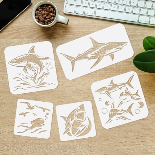 5Pcs Ocean Shark Stencils, Reusable Painting Templates | Multi-Size Plastic Craft Stencils, Shark Marine Wall Stencils, DIY Home Decor Templates for Wood Wall Floor Fabric Furniture - style: Shark