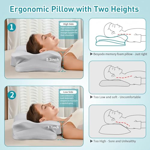 Cervical Neck Pillow for Pain Relief - Ergonomic Memory Foam Pillows - color: Grey