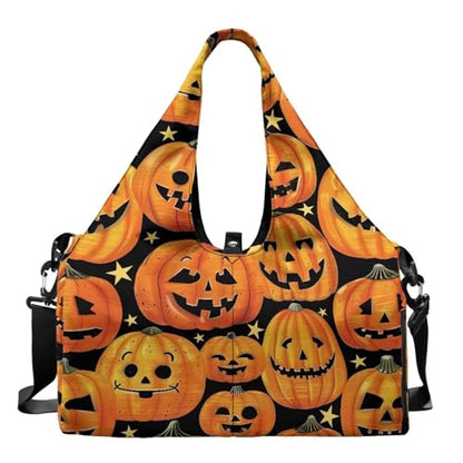 Gym Bag with Yoga Mat Holder Large Tote Bag With Multi Pockets for Women Men Dry Wet Separated Pocket Carryall Yoga Tote Bag for Pilates Travel Workout Office - color: Halloween Pumpkin