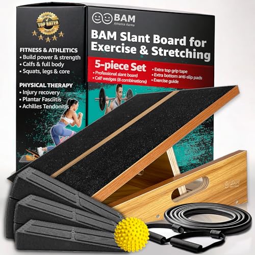 BAM Athletica Slant Boards for Exercise – Adjustable Wooden Calf Stretcher Incline Board for Calf Stretching, Squats, Physical Therapy, Plantar Fasciitis, Knee, Foot & Ankle Rehab, Velour Slant Board - color: Premium 5-in-1 Solution | Large Full Coverage