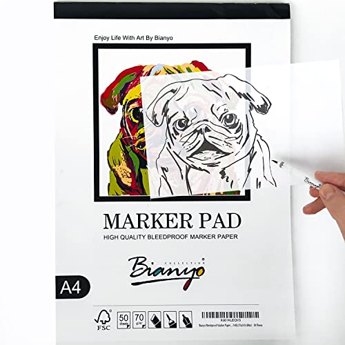 Bianyo Bleedproof Marker Paper Pad, A4(8.27"X11.69"), 50 Sheets/Pad, Pack of 2 Pads, 18 LB / 70 GSM, Glue-Bound, 100% Cotton, White, Ideal for Use with Markers and Ink Mediums - size: A4(8.27*11.69"), 100 sheets
