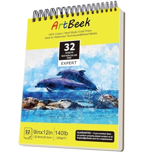 ArtBeek Watercolor Pad 9x12 Inch, 32 Sheets (140lb/300gsm), 100% Cotton Watercolor Paper,Cold Pressed,Acid-Free, Art Sketchbook Pad for Painting & Drawing, Wet, Mixed Media