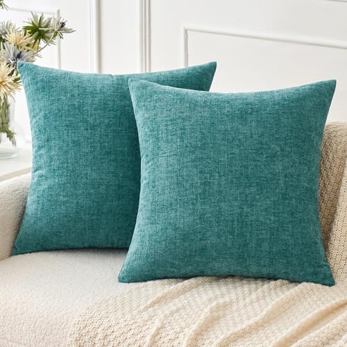 MIULEE Soft Chenille Euro Throw Pillow Covers Teal 24x24 Inch Pack of 2 | Modern Home Decor, Classic Decorative Pillows, Solid Dyed Cases, Boho Couch Cushion Covers for Sofa Bed Living Room - color: Teal, size: 24" x 24" (Pack of 2)