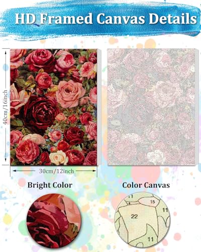 TOCARE Framed Paint by Numbers Kit for Adults, 12x16Inch Rose Paint by Numbers with Frame, Red Rose Adult Paint by Number Framed Canvas for Lovers (Without Easel) - color: TC-F-299